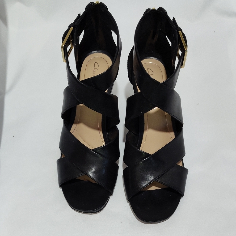 Clarks Black Ankle Strap Wedge 3 Inch Heels. Size 8.5